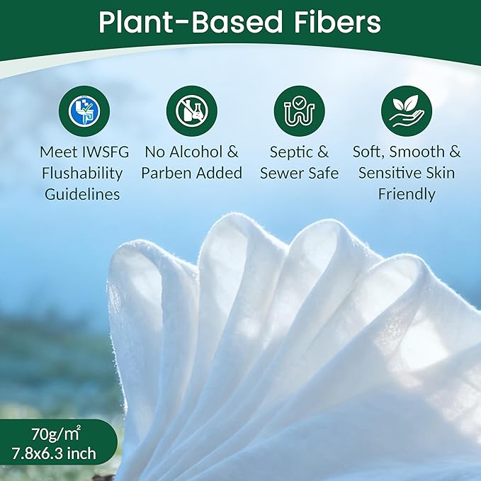 WONDERFUL Flushable Wipes, Mint 100% Plant-Based Wet Butt Wipe for Adults & Kids, Sewer Septic Safe, Gentle for Sensitive Skin, Wipes Flushable Pack for Bathroom & Travel, 6-Pack (360 Counts)