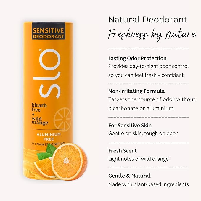 Slo | Sensitive Skin Natural Deodorant - All Natural Ingredients, Vegan & Cruelty Free, Paper Packaging | Bicarb Free + Wild Orange, (1.94oz/55g)