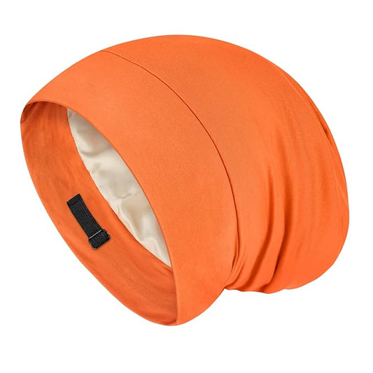 Fittia Satin Hair Bonnet for Sleeping, Silky No Frizzy for Curls Care, Adjustable Strap for Non-Slip, Dreadlocks Cap for Women&Men Orange