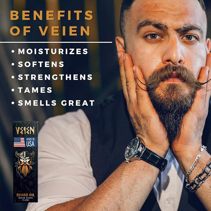 Veien Beard Oil for Men Premium All-Natural 2floz Made in USA for Thicker Darker Fuller Growth Moisturizes Conditions Softens Strengthens Smooths Frizz Hydrates for All Hair & Skin Types Reduces Itch