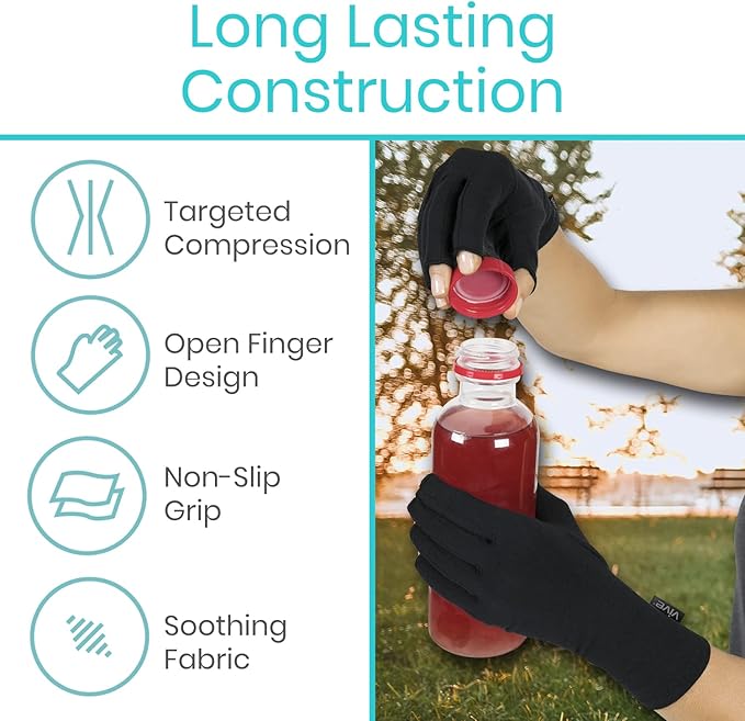 Vive Rheumatoid Arthritis Gloves - Men and Women Fingerless Compression Wrap for Hand Pain and Osteoarthritis - Black Hand Wrap for Arthritic Joint Symptom Relief - Open Finger Fit