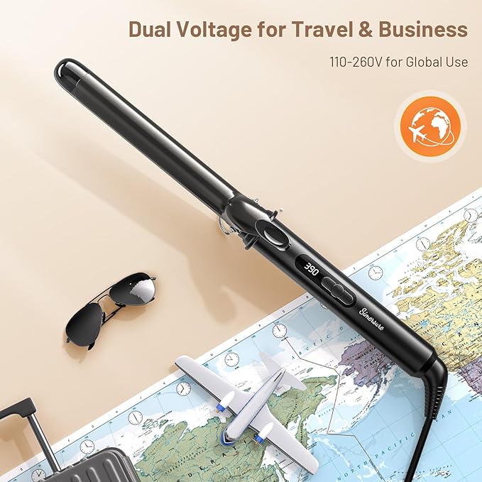 Curling Iron 1 Inch, Long Barrel Ceramic Hair Wand, Fast Heating Hair Curler with 12 Heat Settings with LED Display, Hair Curling Wand Styling and Lasting on All Hair Types, Dual Voltage for Travel