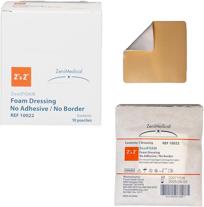 ZeniFOAM Polyurethane Foam Dressing 2" x 2" - No Border, No Adhesive, Sterile, Highly Absorbent for Heavy Wound Drainage, Non-Stick and Lint-Free Pad, Latex-Free, with Waterproof Backing (10pcs/Box)