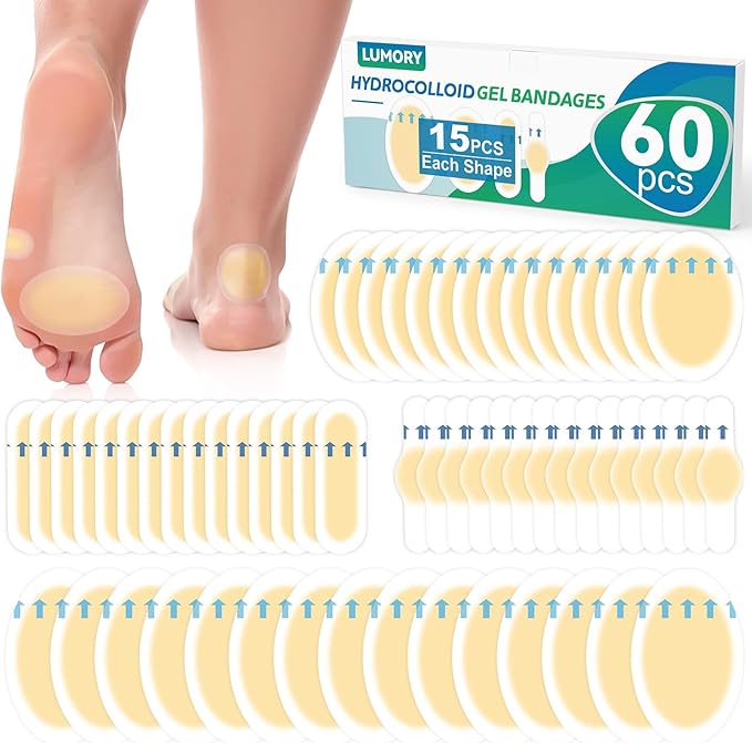 60pcs Hydrocolloid Blister Bandages,Gel Blister Bandages for Feet,Waterproof Blister Pads for Feet, Heel,Toe,Blister Prevention & Recovery, Blister Cushions with 4 Shapes