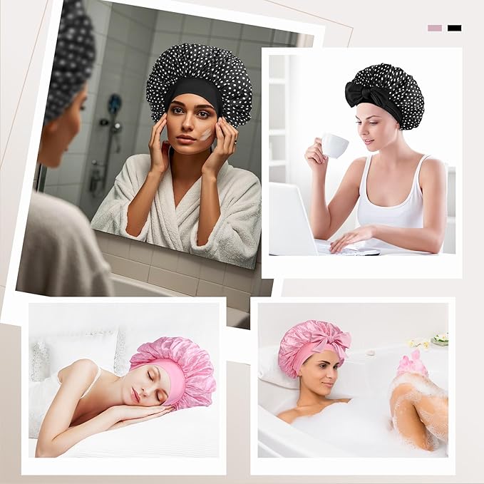 Arqumi 2 Pcs Satin Silk Bonnet for Sleeping Women, Large Long Strap Tie Band Adjustable Sleep Night Cap Curly Hair Bonnet Wrap for Braids Mother Girls Gifts, Black + Pink(Large, Polka Dot Pattern)