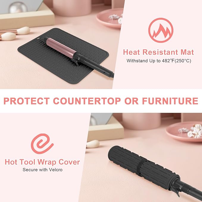 AMIJEAL Oversize Silicone Heat Resistant Mat for Hair Tools, Curling Iron Mat, Hot Tools Holder, Portable Flat Iron Hair Straightener Pad Cover for Travel Vanity Salon(14.2" x 11.0")
