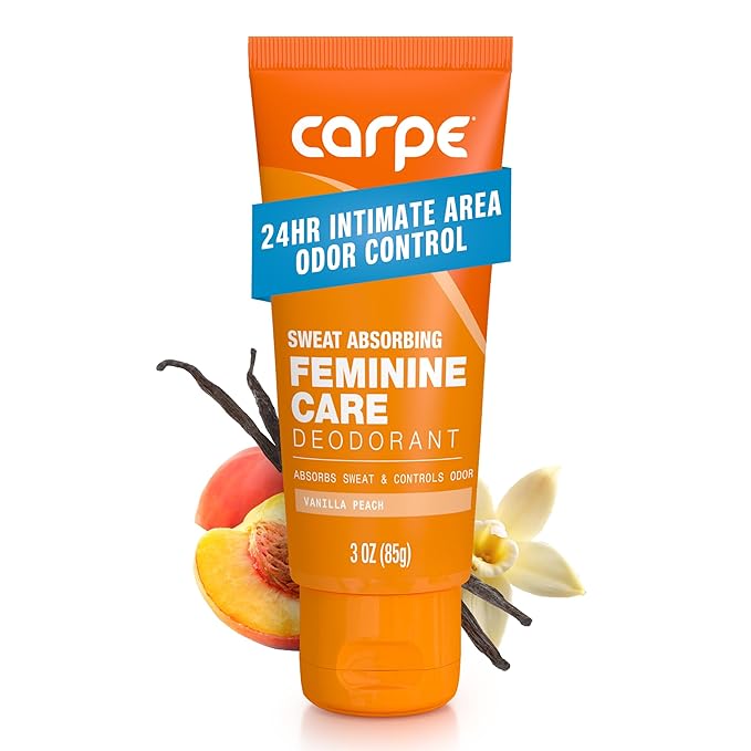 NEW Carpe Feminine Care Intimate Deodorant for Women, pH Balanced and Sweat Absorbing Whole Body Deodorant, Gynecologist Tested, Safe for Private Parts, Vanilla Peach Scent