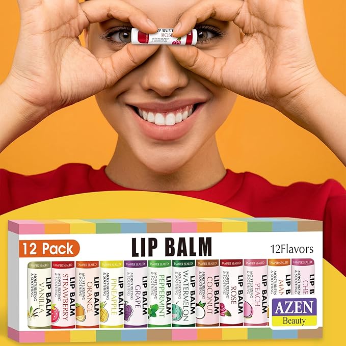 AZEN 12 Pack Lip Balm, Natural Lip Balm Bulk, Lip Care Product, Moisturizing Lip Balms for dry cracked lips - 12 Flavors