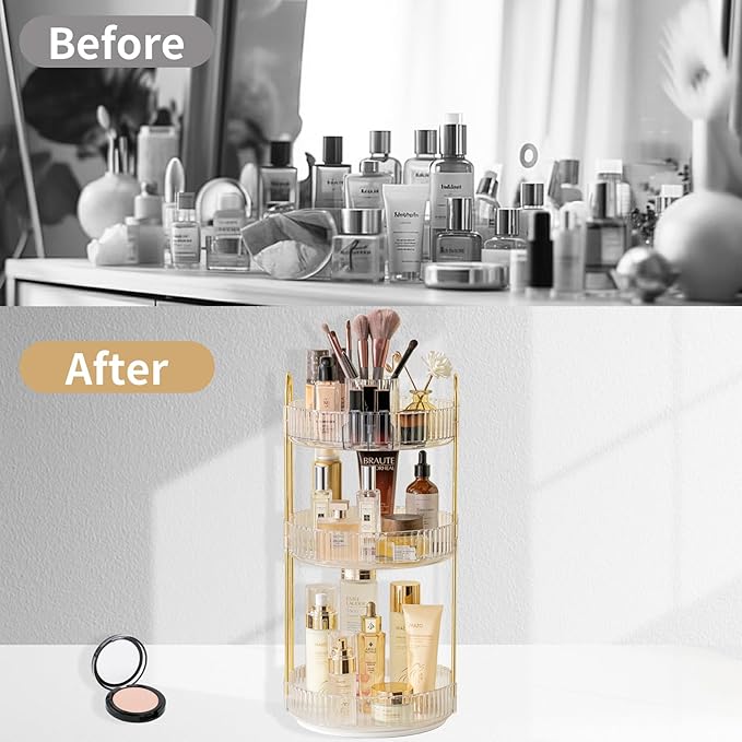 360 Rotating Makeup Organizer,3 Tier Large Capacity Make Up Organizers and Storage,Skincare Perfume Vanity Organizers,Bathroom Cosmetics Storage Organizer Countertop(Clear)