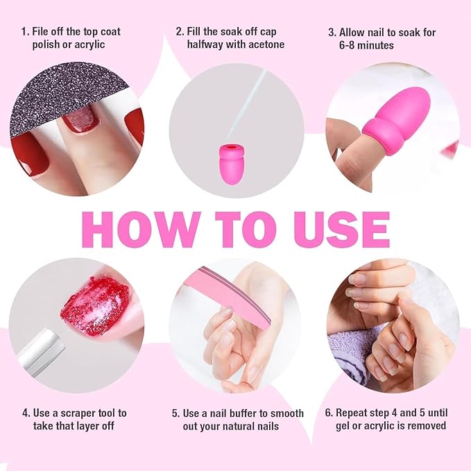 Gel Polish Remover Refill Kits for Nails, Holiday Gifts for Women Girls Nail Polish Remover Set with 10PCS Soak Off Caps & Nail Buffer Block - Quickly Removes Poly Gel & Acrylic Nails (Pink Short)