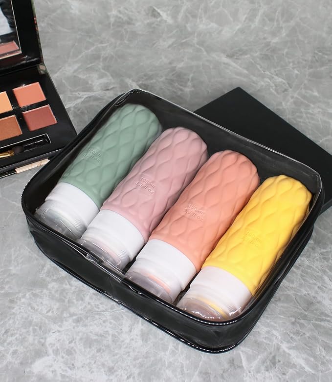 100 ml Silicone Travel Bottles for Toiletries with Labels/Clear Bag, Holiday Travel Essentials Leakproof Refillable Squeeze Travel Size Containers Set for Shampoo and Conditioner
