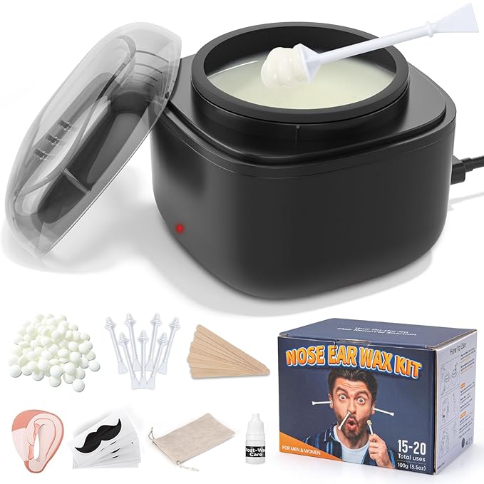 Nose Wax Kit Men, Nose Ear Hair Waxing Kit with 100g Wax, 40 Sticks, Nose Ear Hair Removal Kit, USB Fast Heat, Smart Constant Temp, Upgraded Size, Multi-Accessories, Black