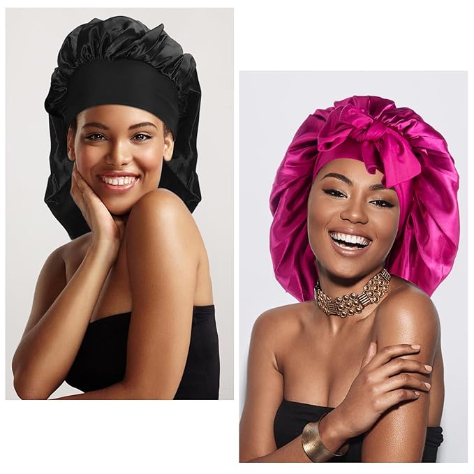 Arqumi Pack of 2 Satin Sleeping Bonnet, Large Sleep Bonnet with Long Strap,Reduce-Friction Prevent-Frizz Curly Hair, Adjustable Sleep Cap Hair Bonnet for Women & Men, Black+Rosy