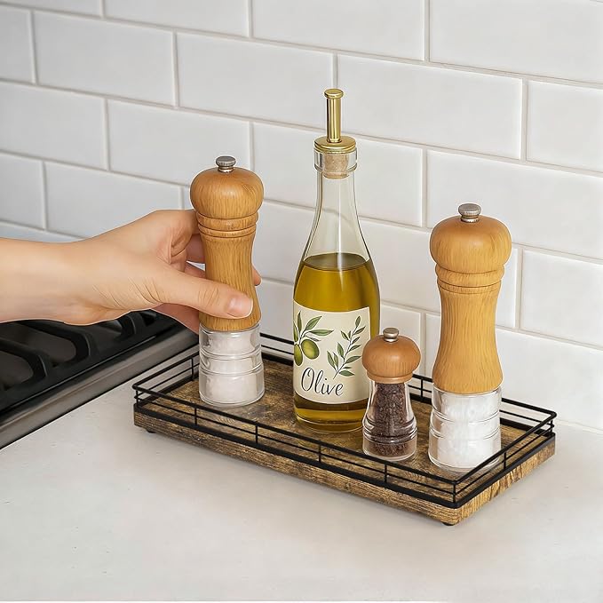 Bathroom Vanity Tray – 12" x 6" Decorative Wooden Tray for Toilet Tank Organizer Wood Tray for Bathroom Countertop, Soap, Perfume & Accessories Storage Vanity Dresser Decor Black & Rustic Brown