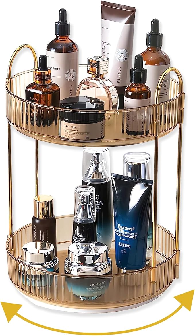 360 Rotating Gold Makeup Organizer,2 Tier Large Capacity Rotating Makeup Organizer,SkincarePerfume Organizer,Bathroom Cosmetics Storage Organizer Countertop (Gold-2 Tier)