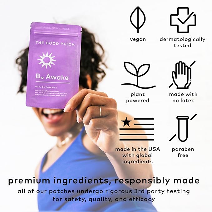 The Good Patch B12 Awake Patch, Natural Patch with Caffeine, B12, and Green Tea Extract, Plant Powered Wearable Wellness, Helps to Promote Energy (16 Total Patches)
