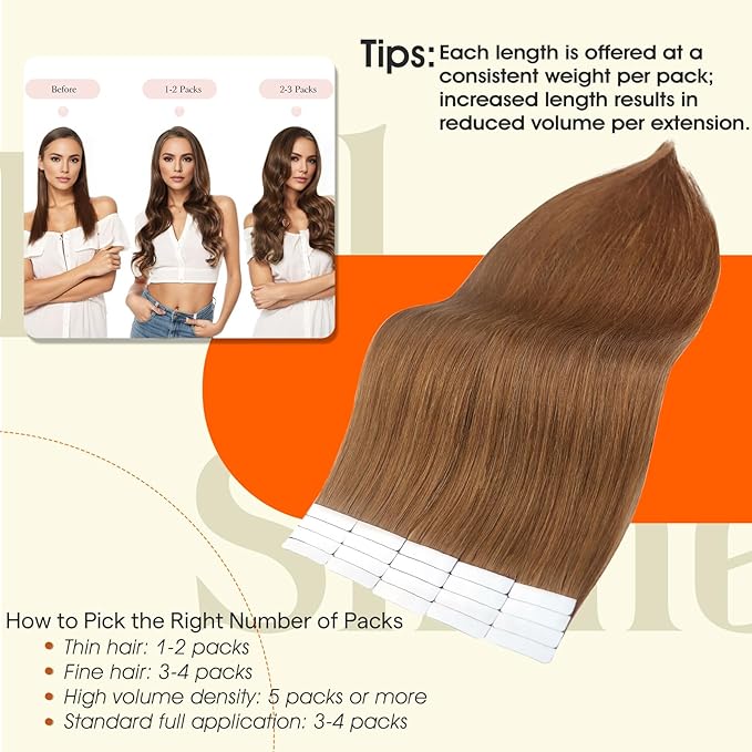 Full Shine Tape ins Human Hair Extensions 20 Inch Hair Extensions Real Human Hair Color 330 Orange 50Gram Remy Seamless Skin Weft 20Pcs Double Sided Tape ins Add Length for Women