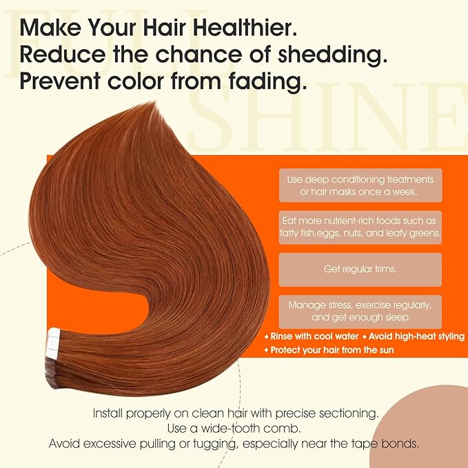 Full Shine Human Hair Extensions Tape in Color 550 Copper Remy Tape in Hair Extensions 10Inch Short Seamless Invisible Adhesive Skin Weft for Natural Look 30G 20Pcs Add Volume for Party