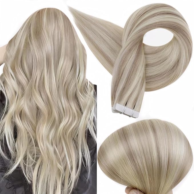 Full Shine Blonde Tape in Hair Extensions 16Inch Tape ins Real Human Hair Extensions Highlight Color 18 Ash Blonde Mix With 613 Seamless Real Human Hair Double Side Tapes Extensions 50G Tape ins 20Pcs