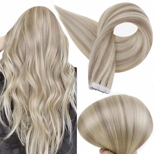 Full Shine Blonde Tape in Hair Extensions 16Inch Tape ins Real Human Hair Extensions Highlight Color 18 Ash Blonde Mix With 613 Seamless Real Human Hair Double Side Tapes Extensions 50G Tape ins 20Pcs
