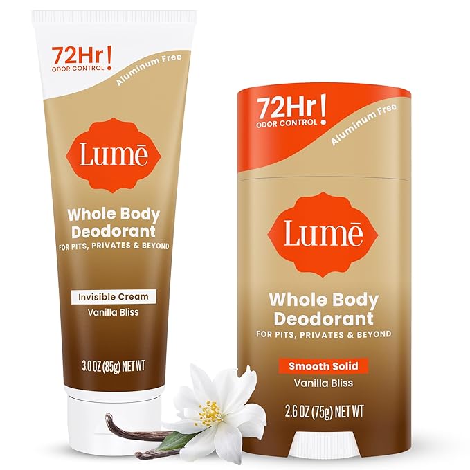 Lume Whole Body Deodorant - Invisible Cream Tube and Solid Stick - 72 Hour Odor Control - Aluminum Free, Baking Soda Free, Skin Loving - 3.0 Ounce Tube and 2.6 Ounce Solid Stick Bundle (Vanilla Bliss)