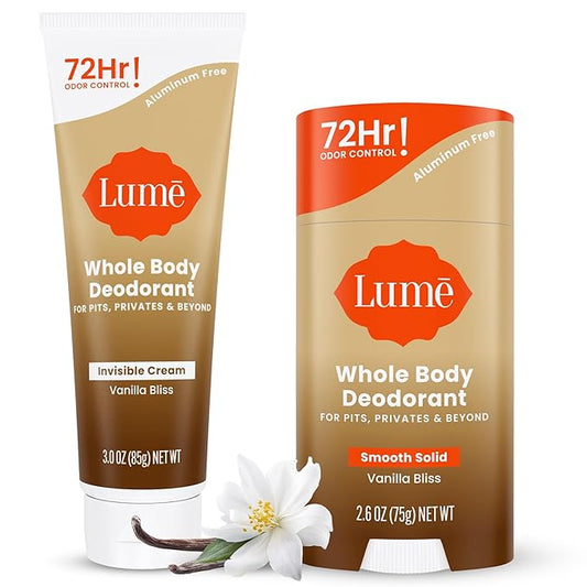 Lume Whole Body Deodorant - Invisible Cream Tube and Solid Stick - 72 Hour Odor Control - Aluminum Free, Baking Soda Free, Skin Loving - 3.0 Ounce Tube and 2.6 Ounce Solid Stick Bundle (Vanilla Bliss)