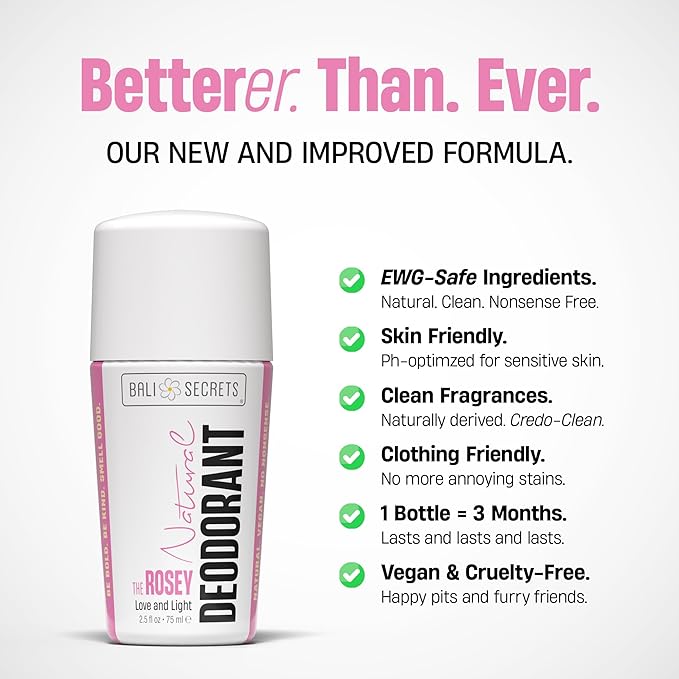 Bali Secrets Natural Deodorant for Women & Men. Nonsense Free. Clean Formula for Sensitive Skin. Strong & Reliable Odor Protection. No Synthetic Aluminum. Organic & Vegan [THE ROSEY]