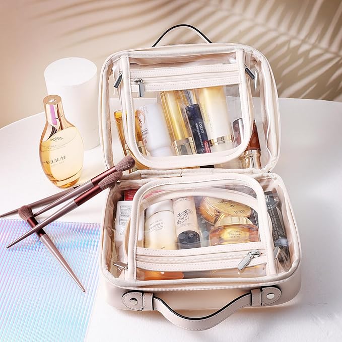 SANHECUN traveling toiletry Case large clear cosmetics case makeup bag (Beige, Small)