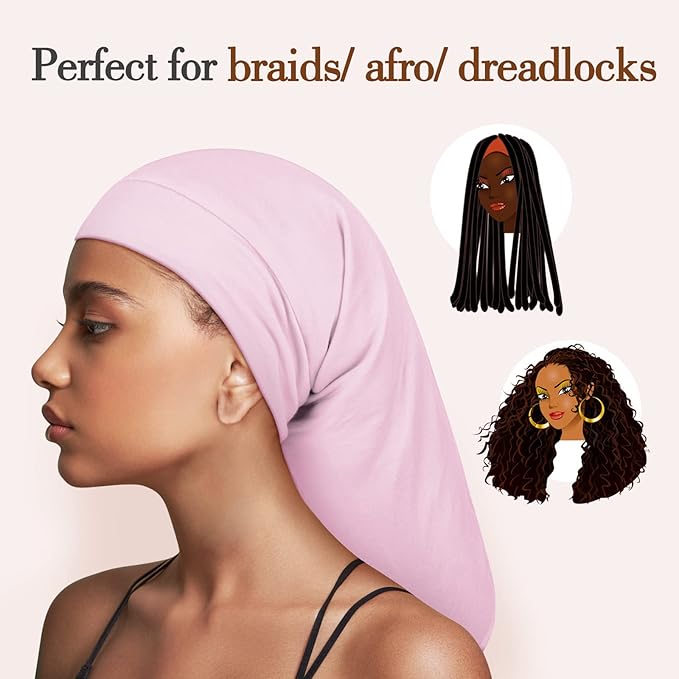 Fittia Long XL Silk Satin Bonnet for Braids, Dreadlocks for Curly Hair Sleeping, Large Silk Sleep Cap for Black Women Men Frizzy Hair