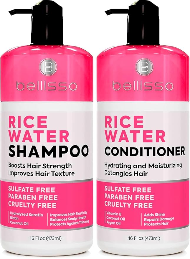 Rice Water Shampoo and Conditioner Set - Sulfate Free for Thin and Fine Hair - Fuller, Thickening Formula for Women and Men - With Strengthening Saw Palmetto - Anti Thinning, Volumizing for Thick Hair