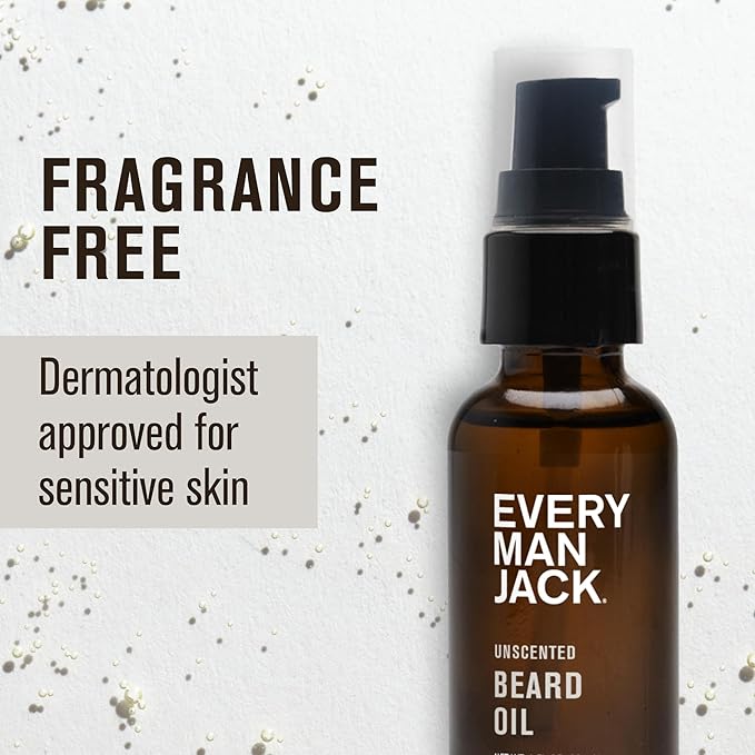 Every Man Jack Unscented Beard Oil for Men - Fragrance Free for Sensitive Skin - Naturally Moisturizes and Softens Beard w/Shea Butter & Argan Oil - 1 fl oz
