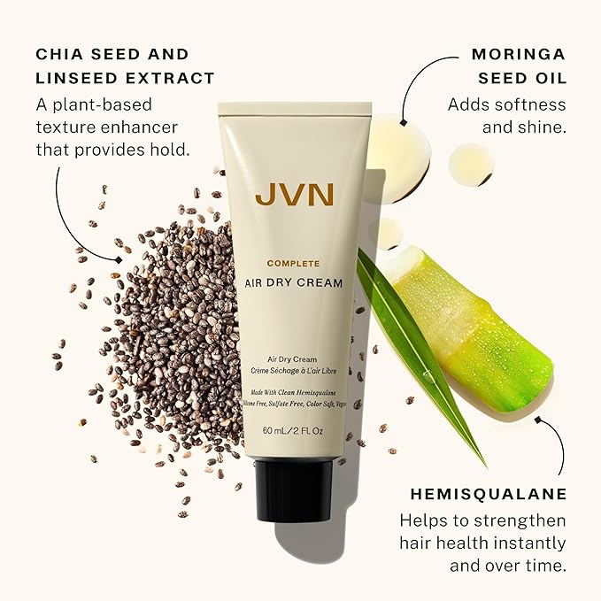 JVN No Heat Complete Air Dry Cream, 2 Fl Oz, Travel Size, Hair Smoothing Cream Enhances Your Natural Texture, Curl Cream and Wavy Hair Products, Silicone Free
