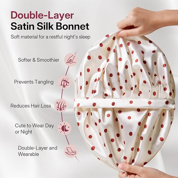 LitBear Silk Satin Bonnet for Sleeping Women, Adjustable Double Layer Hair Bonnet with Scrunchies for Curly Natural Hair, Non Slip Softer Night Sleep Cap
