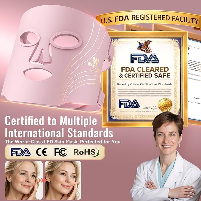 WAYCOM Red Light Therapy for Face: FDA-Cleared 4-Modes Portable LED Light Therapy Mask - 400 LEDs Infrared & Red Light Mask at Home Travel with Timing Remote - Skin Care Gifts for Women Mom Wife