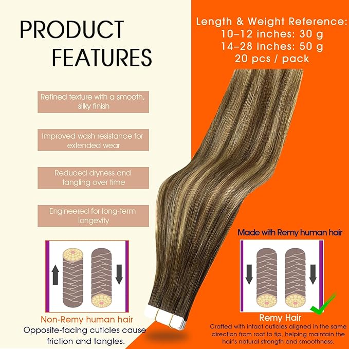 Full Shine Balayage Tape in Hair Extensions Human Hair Color 4 Brown Ombre 24 Blonde And 4 Brown Seamless Skin Weft Invisible Remy Tape in Extensions 24Inch for Women 50Gram 20Pcs Natural Straight
