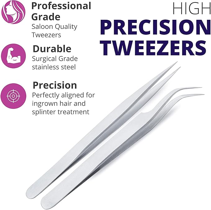 Sivote Eyelash Tweezers, 2-Pack, Hand Calibrated Straight and Curved Tips, Stainless Steel Lash Tweezers for Eyelash Extensions, Matte Silver