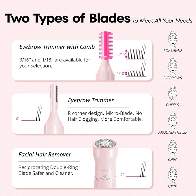VG VOGCREST Women's Eyebrow Trimmer & Facial Hair Remover, 2 in 1, Double Rotating Blades, Safe, Painless, Hypoallergenic, Rechargeable, USB Charging