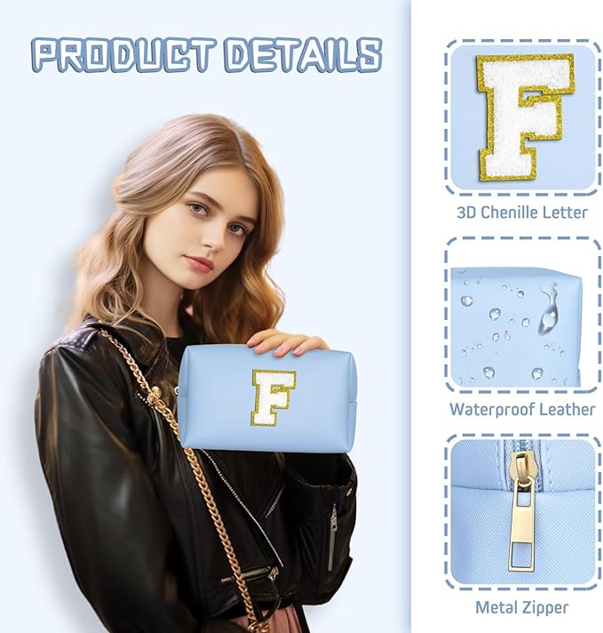 TOPEAST Preppy Makeup Bag, Small Cosmetic Travel Bags for Women, PU Leather Waterproof Toiletry Bag with Zipper, Personalized Birthday Gift for Women Girl, Preppy Gifts for Girl (Sky Blue Y)