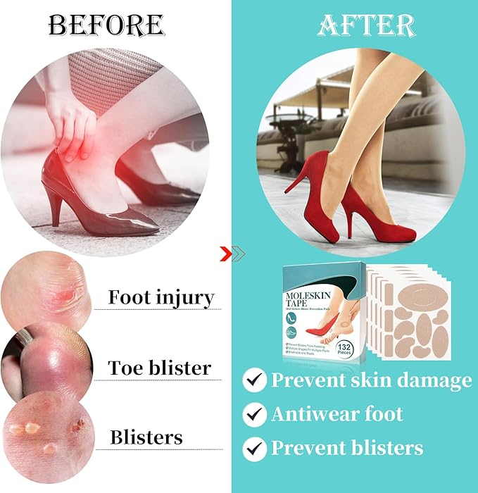 132PCS Moleskin Adhesive Pads for Feet, Flannel Adhesive Pads, Blister Prevention Padding Avoid Skin Blister, Foot Protection for Heels (12 Sheets)