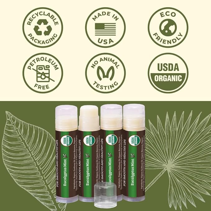 Earth's Daughter USDA Organic Lip Balm 4-Pack Eucalyptus Mint Flavor - Beeswax, Coconut Oil, Vitamin E - Best Lip Repair Chapstick for Dry Cracked Lips.