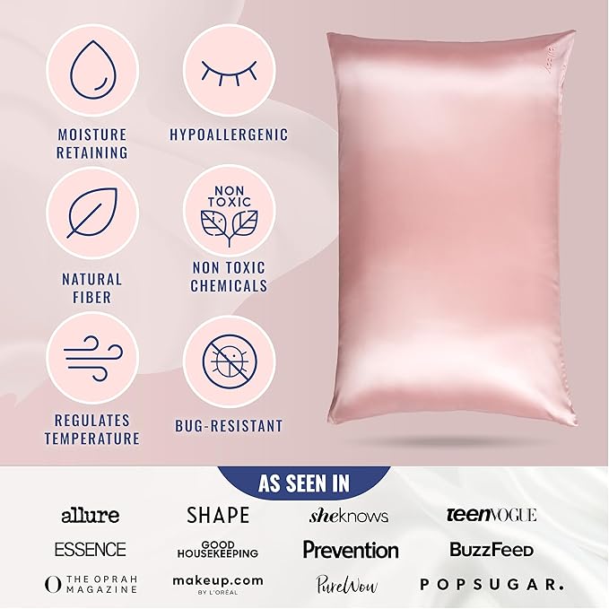 Blissy Silk Pillowcase - 100% Pure Mulberry Silk - 22 Momme 6A High-Grade Fibers - Silk Pillow Cover for Hair & Skin - Regular, Queen & King (Pink, Queen)