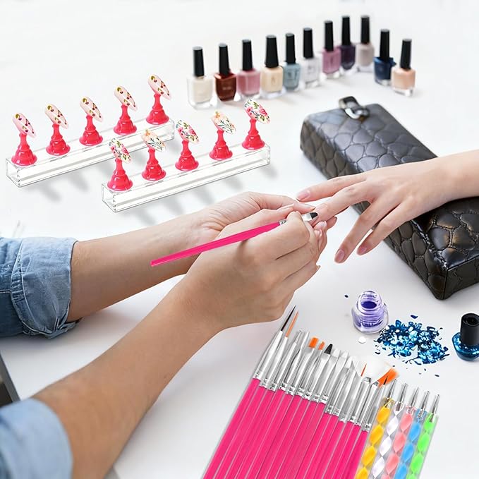 Nail Art Tools Kit with 15 Nail Art Brushes, 5 Dotting Tools, Nail Stand for Press-on, Nail Design Tools for Salon & DIY Home Manicure (Rose Red)