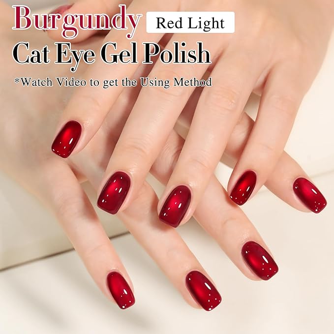 Double Rhythm Jelly Glass Cat Eye Gel Polish with Magnet 15ML Holographic Glitter Shimmer Translucent Sheer Color Magnetic Nail Polish Salon DIY at Home (Red-MC1116)