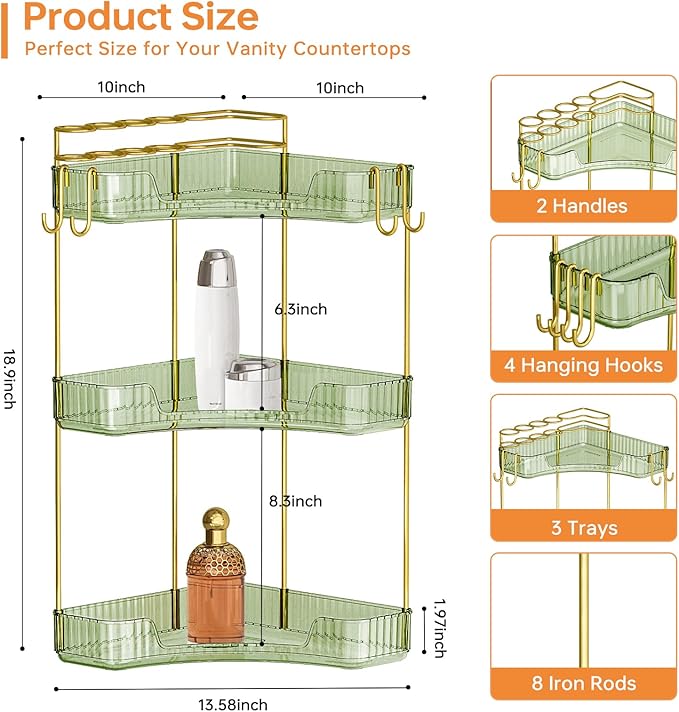 3-Tier Corner Bathroom Counter Organizer，Makeup & Skincare Shelf with Built-in Brush Holder，Space-Saving Bathroom Countertop Organizer for Skincare, Perfume, Cosmetics(Green)