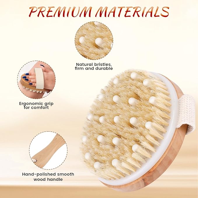 Dry Brush Set-4 Packs Natural Boar Bristle Dry Brushing Body Brush Exfoliating Face, Foot, Bath Brush for Face and Body for Cellulite Lymphatic Drainage(Set B)
