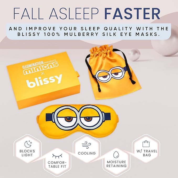 Blissy Silk Sleep Mask - Eye Sleeping Mask for Women & Men for Total Blackout - 100% Pure Mulberry Silk, 22 Momme 6a Fibers - Blindfold Sleep Mask Side Sleeper Eye Cover (Minion)