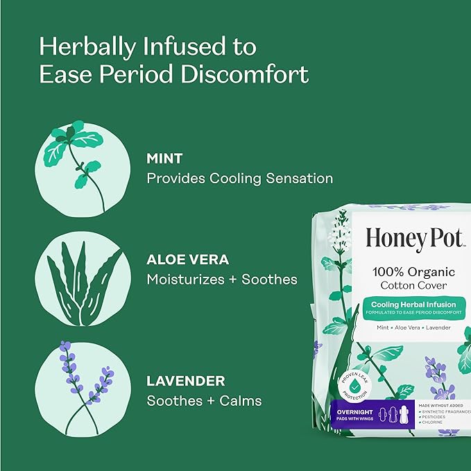 The Honey Pot Company - Herbal Pads for Women - Overnight w/Wings - Infused w/Essential Oils for Cooling Effect & Organic Cotton Cover - Feminine Care - 12 ct