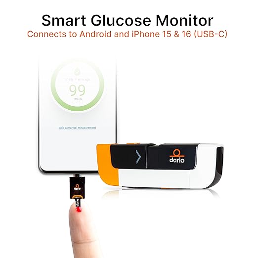 DARIO Smart Glucose Monitor Kit | USB-C Port (Compatible with Android & iPhone 15 and newer) | Test Blood Sugar Levels & Manage Diabetes, Testing Kit Includes: Glucometer with 25 Strips, 10 lancets