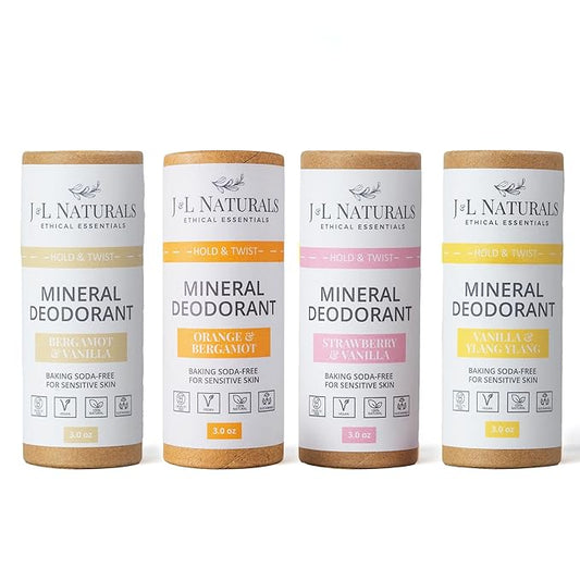 J&L Naturals Mineral Deodorant | Baking Soda-Free, 100% Natural, Sustainable Skin Care | Sensitive Deodorant For Women & Men | Aluminum Free, Vegan, Cruelty-Free (Floral & Fruity, 3 Oz (Pack of 4))