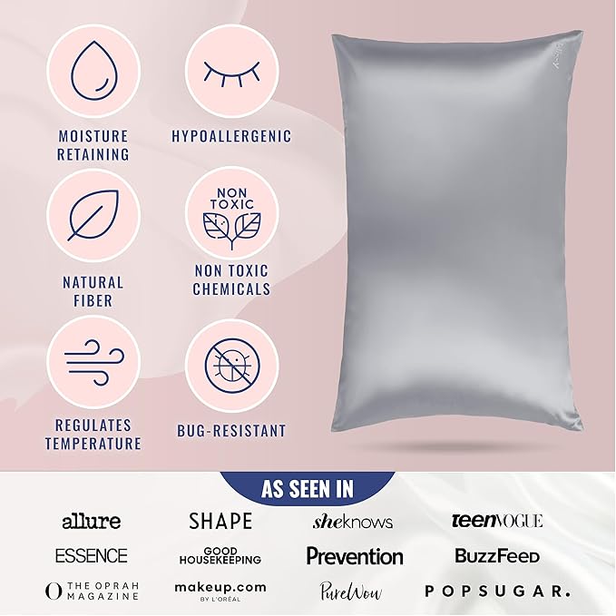 Blissy Silk Pillowcase - 100% Pure Mulberry Silk - 22 Momme 6A High-Grade Fibers - Silk Pillow Cover for Hair & Skin - Regular, Queen & King (Silver, Queen)